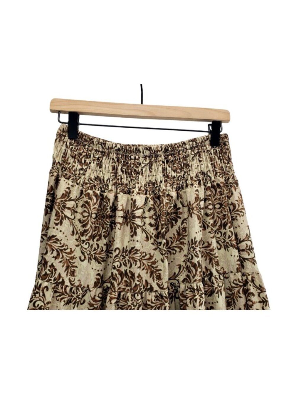 Maxi Boho Tiered Skirt M Shein Beige Brown Damask Print Smocked Elastic Waist - Picture 4 of 12